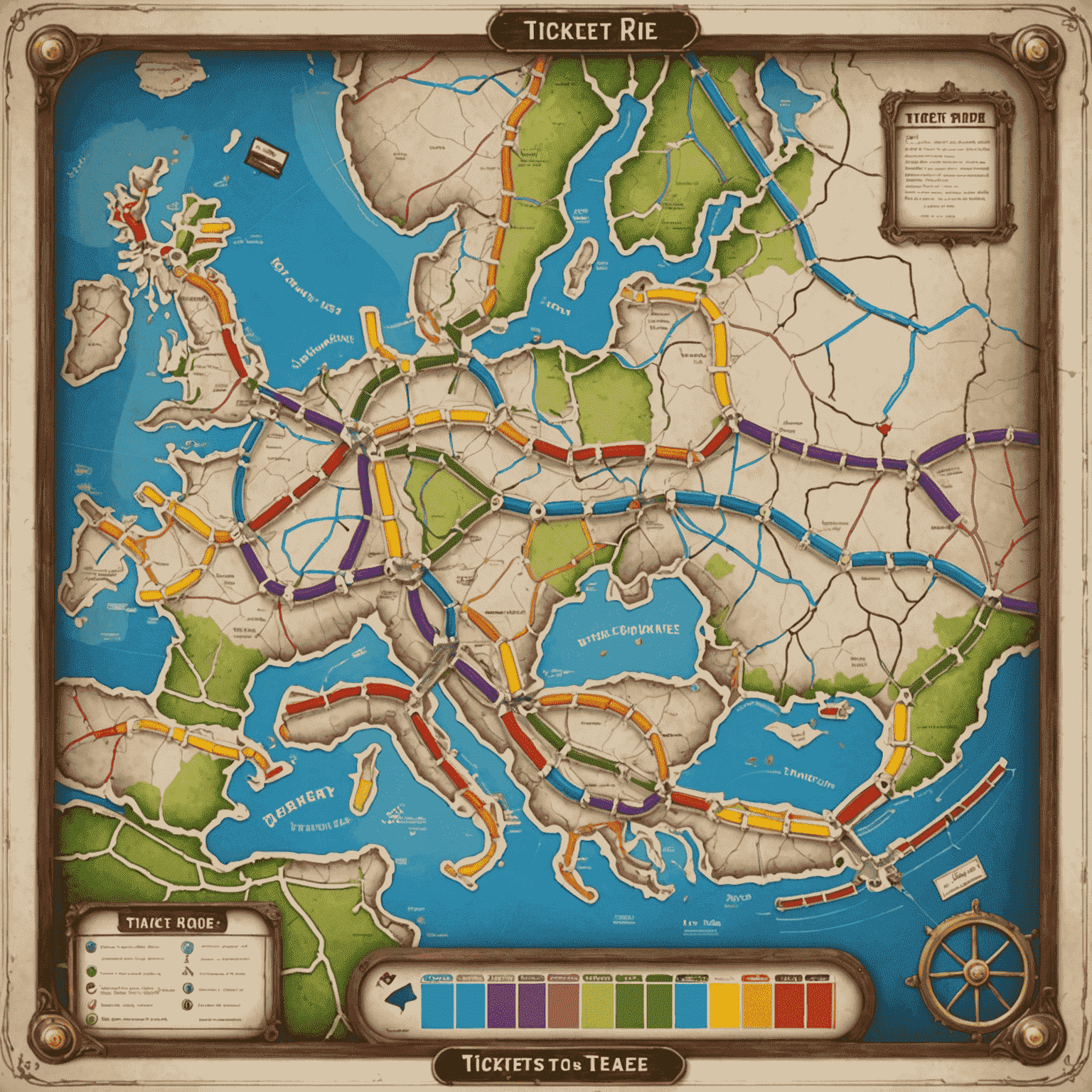 Plansza gry Ticket to Ride z kolorowymi trasami kolejowymi