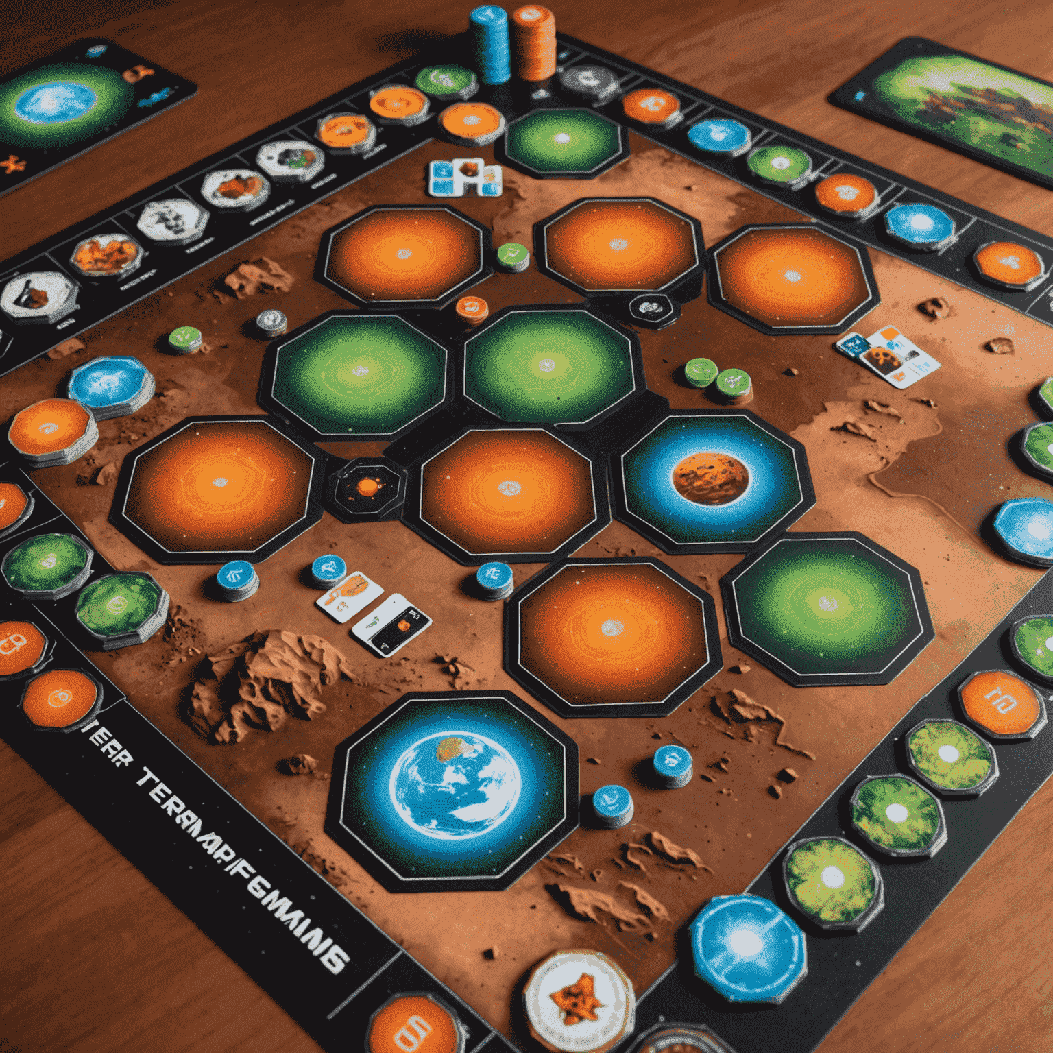 Plansza gry Terraforming Mars z kartami i znacznikami